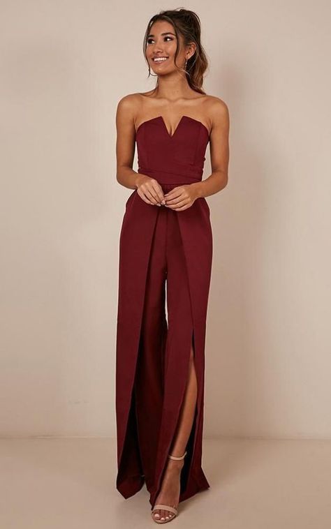 Burgundy strapless jumpsuit