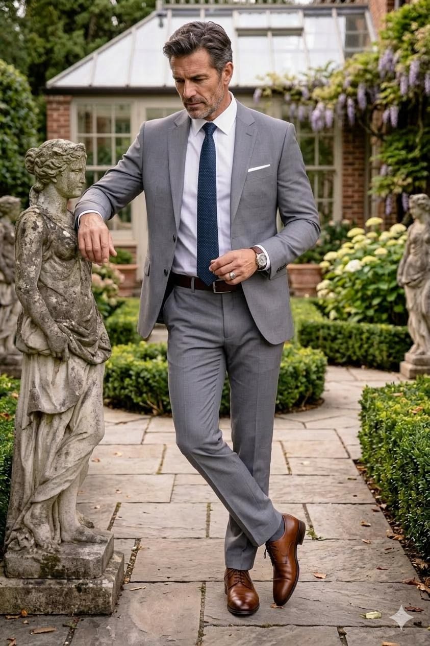 Grey suit with navy tie
